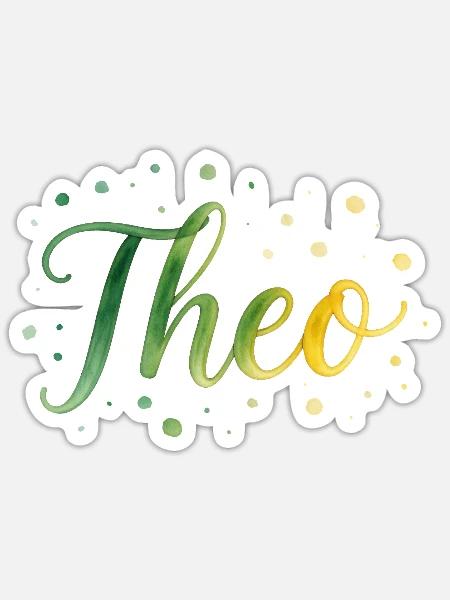 Name Theo Watercolor – Grüner Farbverlauf Design - Sticker Größe S (10 x 10 cm) - Mattweiß
