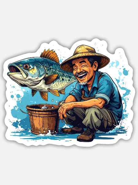 Fröhlicher Fischer und Riesenfisch - Sticker Größe S (10 x 10 cm) - Mattweiß