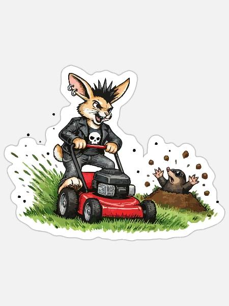 Hase auf Rasenmäher – witziges Waldduo - Sticker Größe S (10 x 10 cm) - Mattweiß