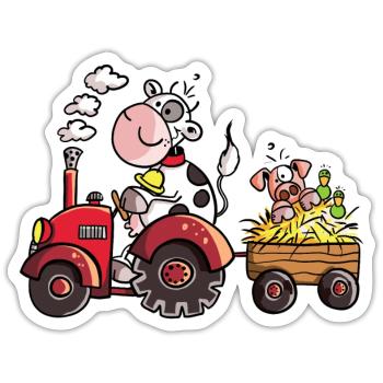 Kuh fährt Schwein - Sticker Größe S (10 x 10 cm) - Mattweiß - Vorne
