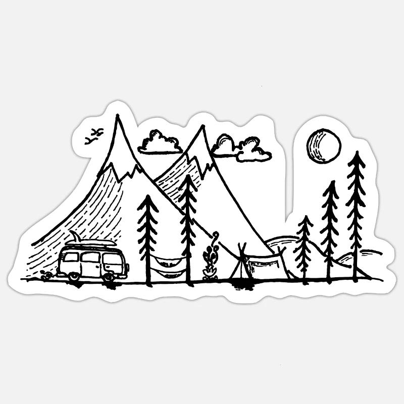 Camper Simple Mountain et Campfire Sticker taille S (10 x 10 cm)