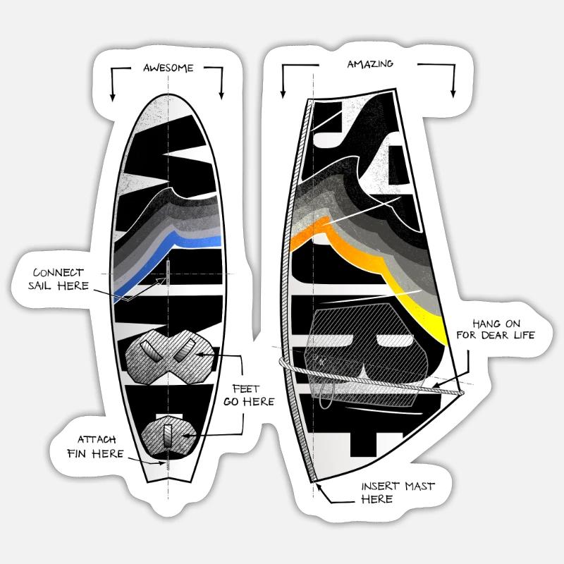 Cool Planche et Voile de Windsurf Vagues Soleil - Sticker taille S (10 x 10 cm) - blanc mat