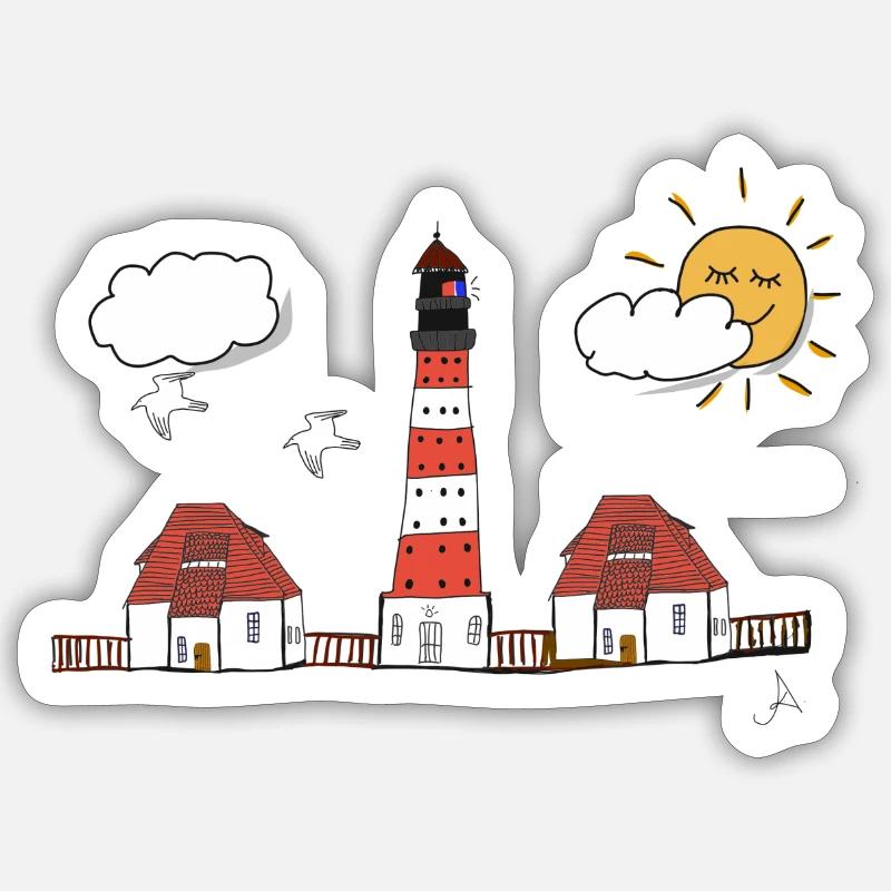 Dessin du phare de Westerhever - Sticker taille S (10 x 10 cm) - blanc mat