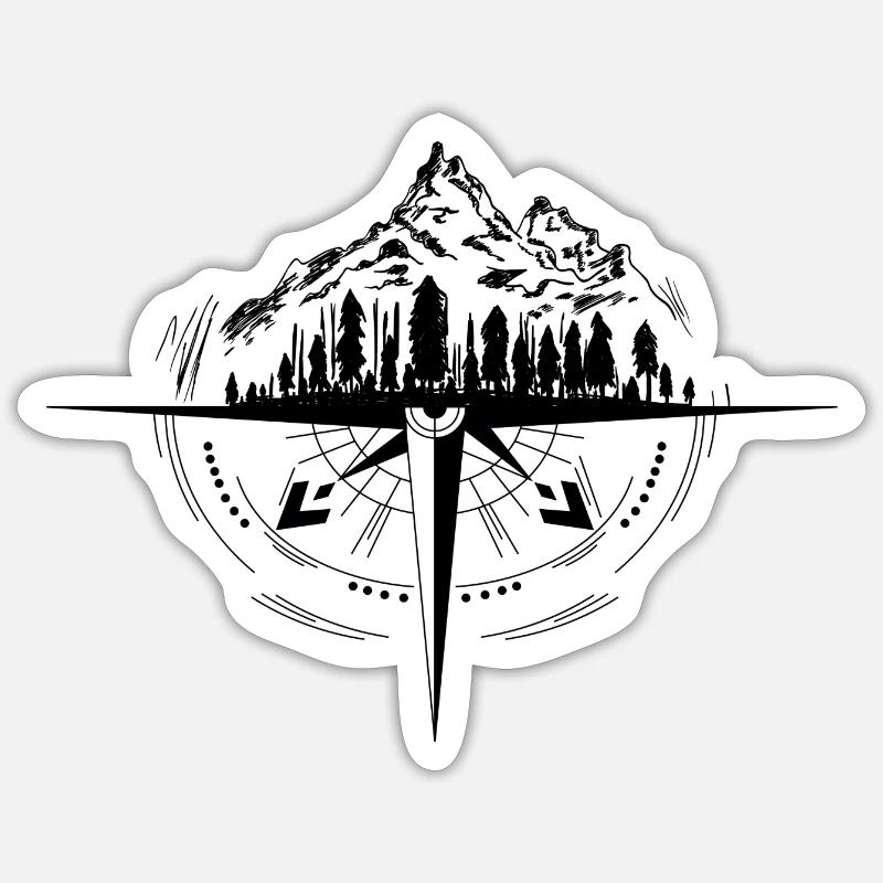 Mountains and compass - Sticker size S (10 x 10 cm) - white matte