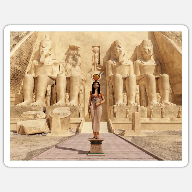 Déesse Hathor et temple d’Abu Simbel en Egypte - Sticker taille S (10 x 10 cm) - blanc mat