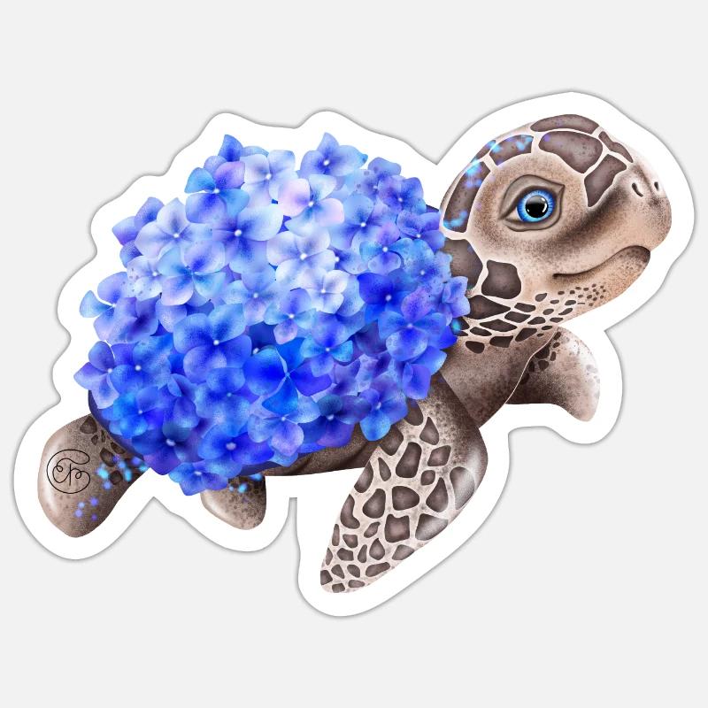 Schildkröte mit Hydrangea Hortensien - Sticker Größe S (10 x 10 cm) - Mattweiß