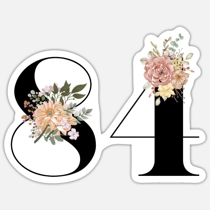84e anniversaire fleuris (Cadeau de 84 ans) - Sticker taille S (10 x 10 cm) - blanc mat