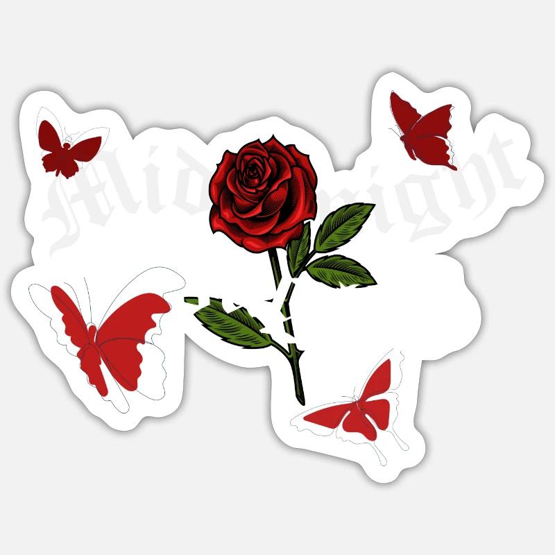 Rote Schmetterlinge & Rose "Midnight thoughts" - Sticker Größe S (10 x 10 cm) - Mattweiß