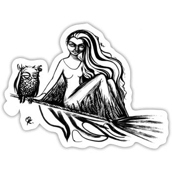 Hexe auf dem Besen mit Eule - Sticker Größe S (10 x 10 cm) - Mattweiß - Vorne