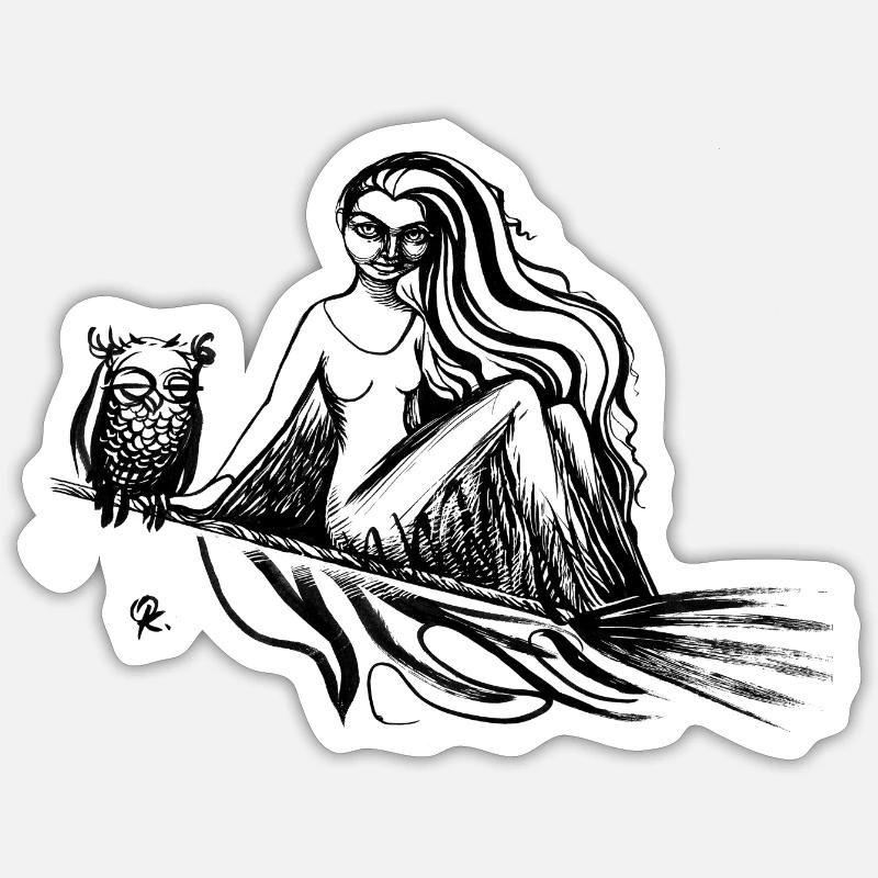 Hexe auf dem Besen mit Eule Sticker Größe S (10 x 10 cm)