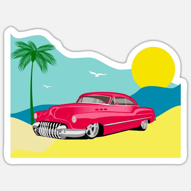 Oldtimer am Karibikstrand - Sticker Größe S (10 x 10 cm) - Mattweiß