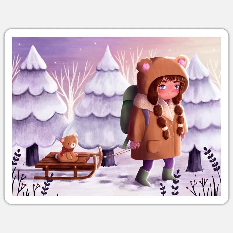 Wintertale Mädchen mit Schlitten und Teddybär - Sticker Größe S (10 x 10 cm) - Mattweiß