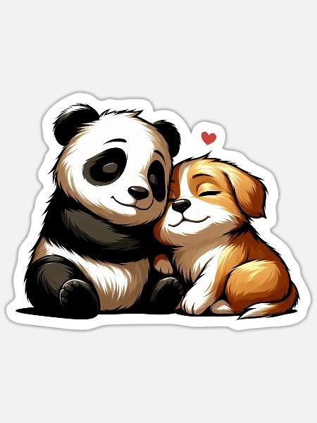 Cuddling Dog And Panda In Love - Sticker Größe S (10 x 10 cm) - Mattweiß
