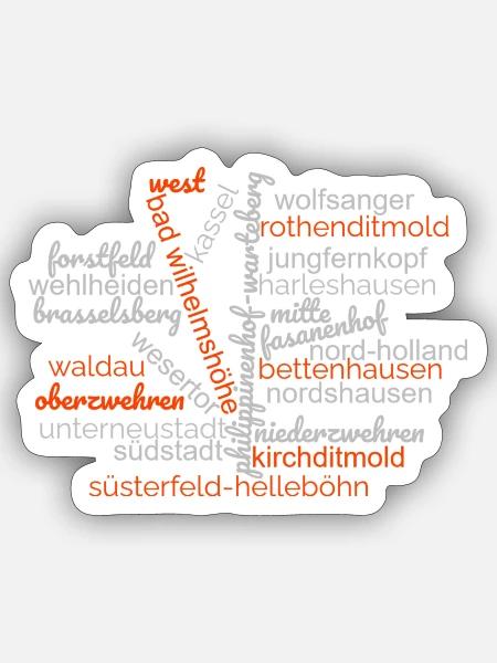 Wordcloud Kassel mit Stadtteilen - Sticker Größe S (10 x 10 cm) - Mattweiß