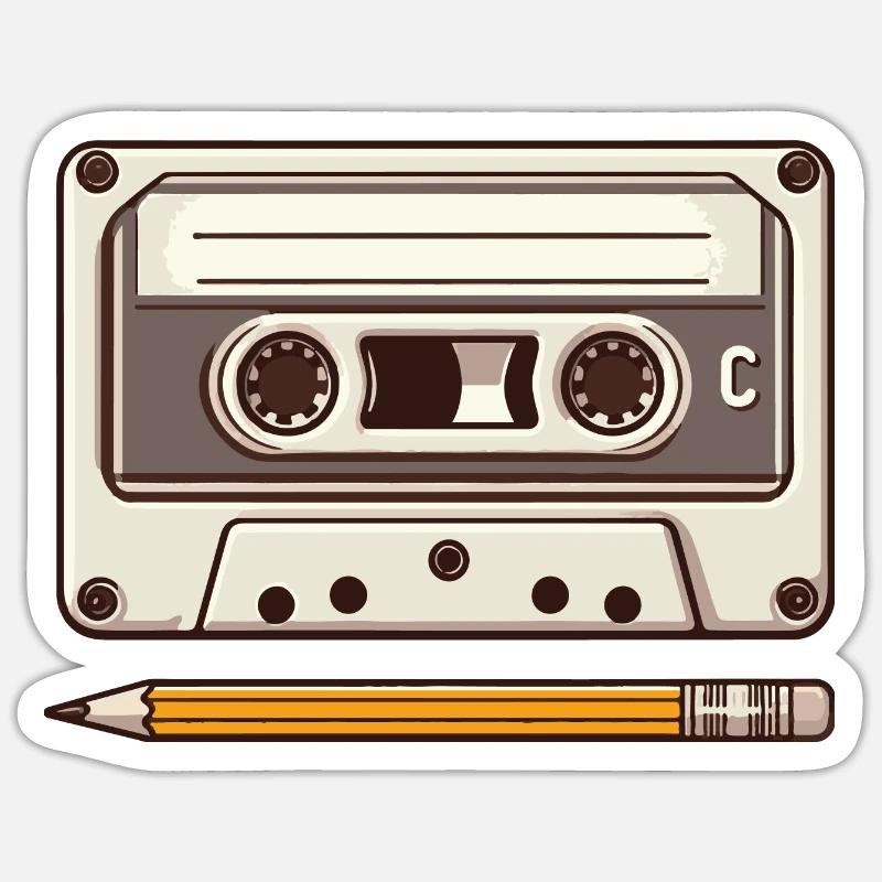 Cassette compacte et crayon, Rétro, Vintage - Sticker taille S (10 x 10 cm) - blanc mat