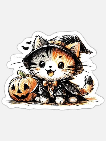 Halloween-Katze mit Kürbis - Sticker Größe S (10 x 10 cm) - Mattweiß