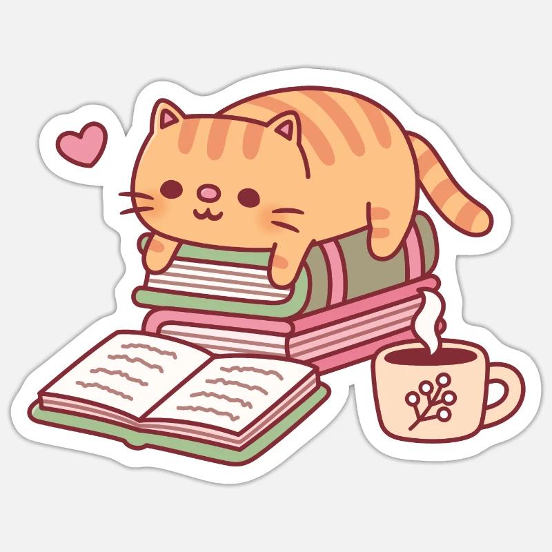 Süße Ginger Cat liest ein Buch Sticker Größe S (10 x 10 cm)