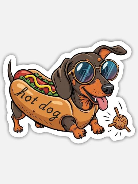 Spielender Dackel als Hot Dog - Sticker Größe S (10 x 10 cm) - Mattweiß