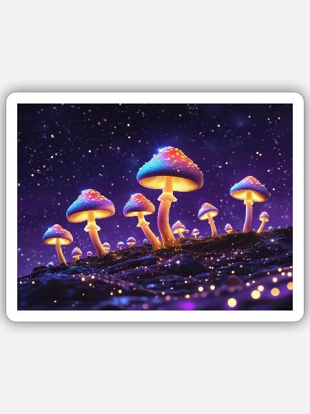 Leuchtende Pilzmotive im Neonstil - Sticker Größe S (10 x 10 cm) - Mattweiß