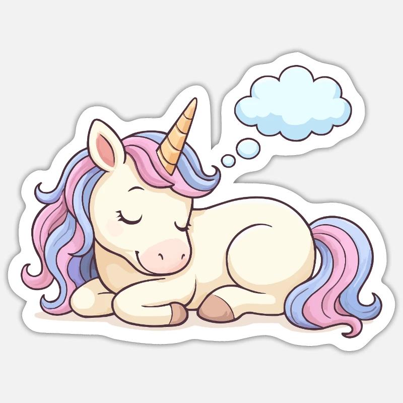 Schlafendes Einhorn mit Regenbogenmähne - Sticker Größe S (10 x 10 cm) - Mattweiß