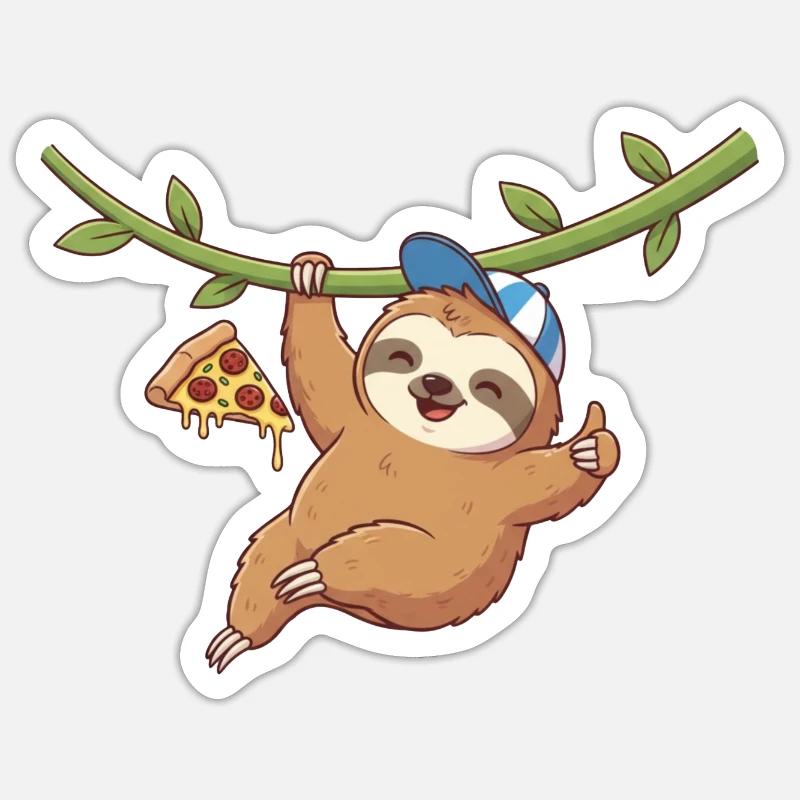 Cute sloth with pizza and cap - Sticker size S (10 x 10 cm) - white matte