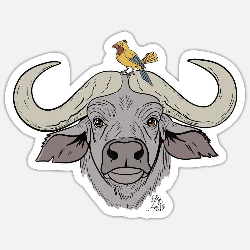 Stämmiger Büffel mit Singvogel Sticker Größe S (10 x 10 cm)