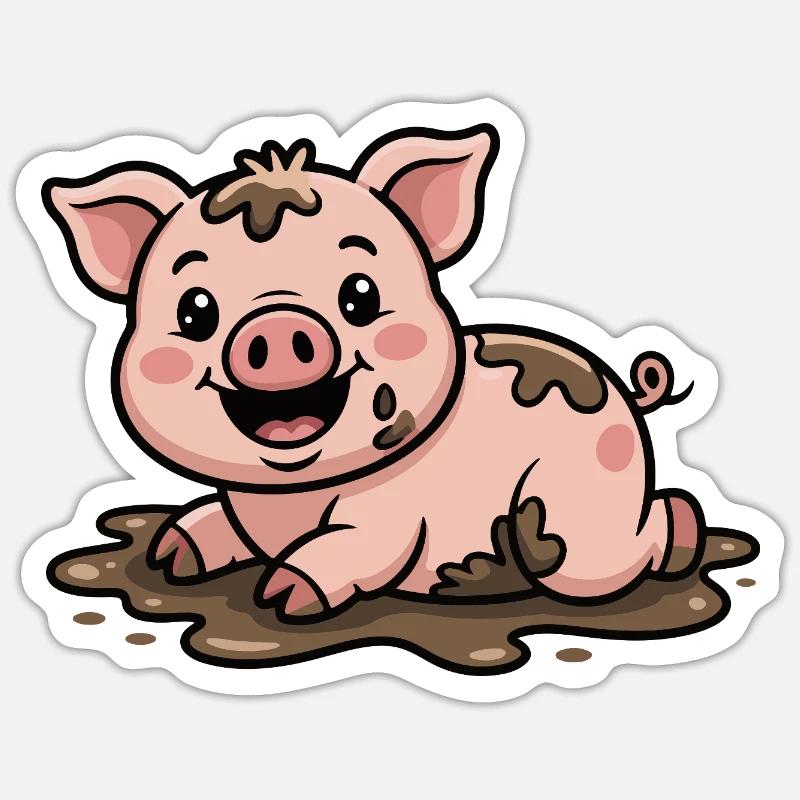 Cochon dans la boue mignon - Sticker taille S (10 x 10 cm) - blanc mat