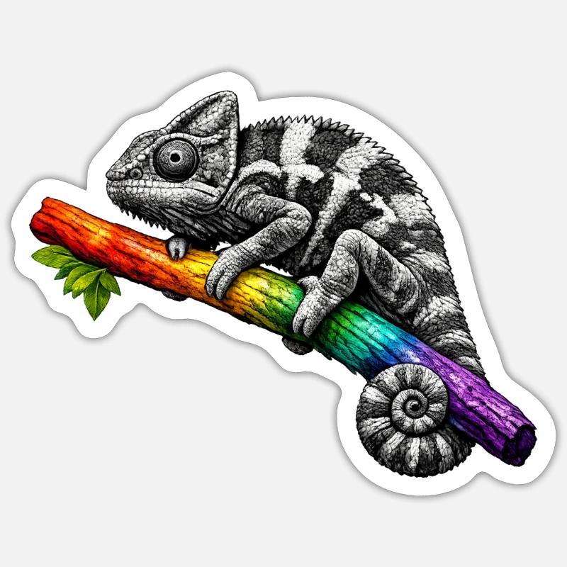 Caméléon arc-en-ciel sur la branche - Sticker taille S (10 x 10 cm) - blanc mat