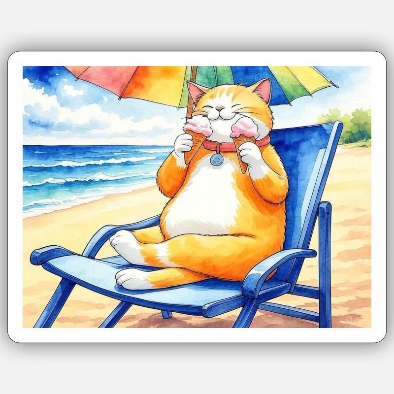 Katze am Strand mit Eiscreme - Sticker size S (10 x 10 cm) - white matte