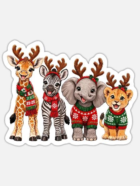 Safari Tiere mit Rentiergeweih zu Weihnachten - Sticker Größe S (10 x 10 cm) - Mattweiß