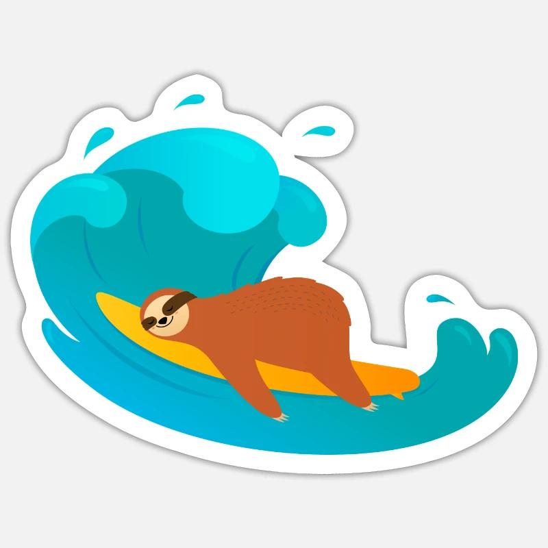 Lazy Sloth Surfing On Big Wave - Sticker size S (10 x 10 cm) - white matte