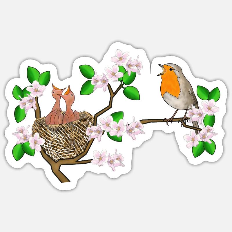 Robins, nest, cherry blossoms - Sticker size S (10 x 10 cm) - white matte