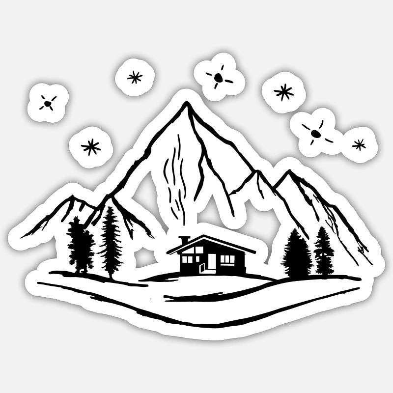 Mountains, hut and forest with starry sky Sticker size S (10 x 10 cm)