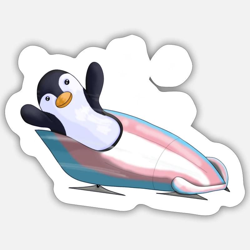 Pingouin dans un bobsleigh fierté trans - Sticker taille S (10 x 10 cm) - blanc mat