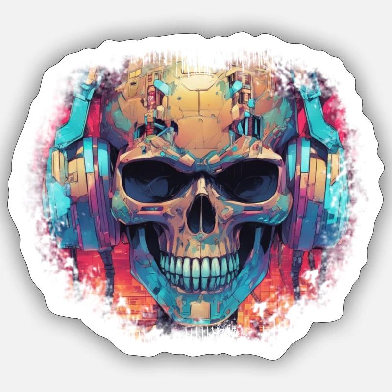 Cyberpunk Skull // TechSkull Matrix - Sticker Größe S (10 x 10 cm) - Mattweiß