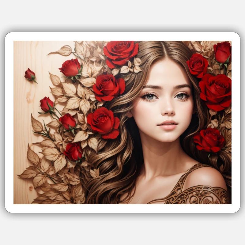 Mädchen mit roter Rose - Sticker Größe S (10 x 10 cm) - Mattweiß