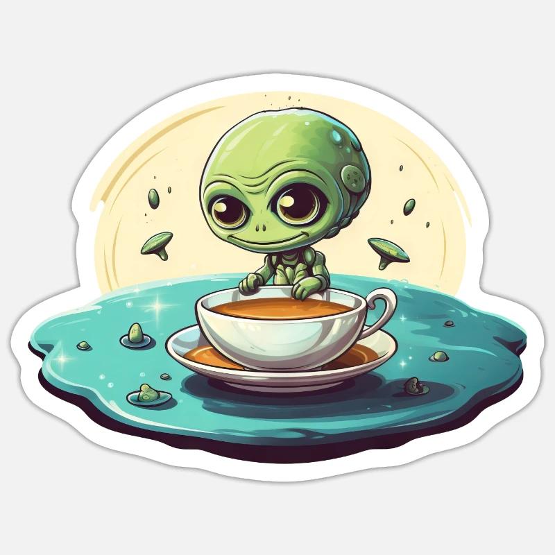 grünes alien kaffee kaffeetrinker - Sticker Größe S (10 x 10 cm) - Mattweiß