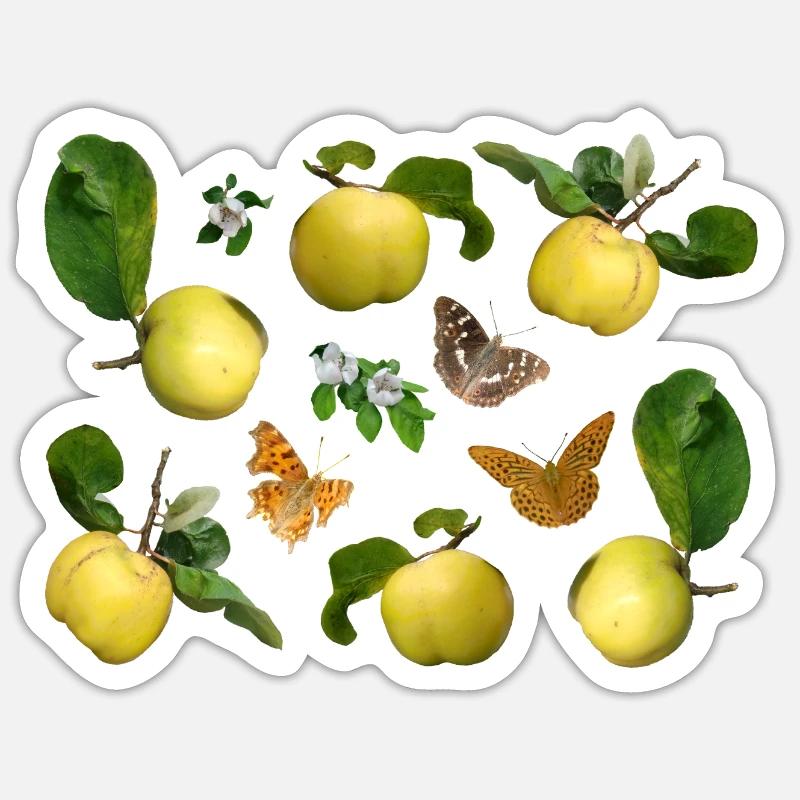 Quitten mit Quittenblüten und Schmetterlingen - Sticker Größe S (10 x 10 cm) - Mattweiß