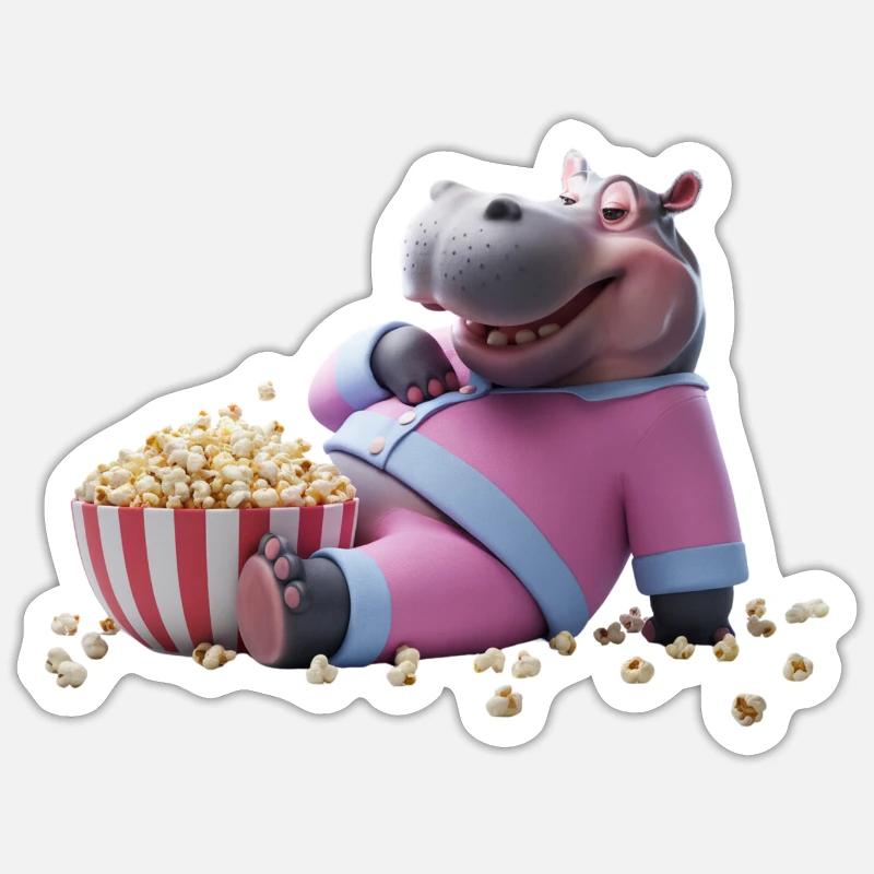 Nilpferd mit Popcorn - Sticker Größe S (10 x 10 cm) - Mattweiß