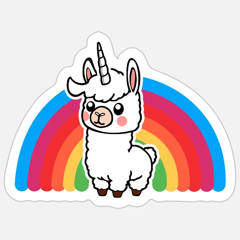 Regenbogen Einhorn Lama - soo ein niedliches Tier! - Sticker Größe S (10 x 10 cm) - Mattweiß