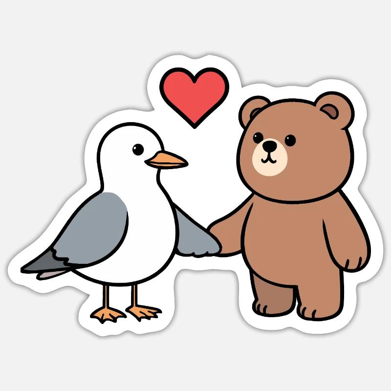 Seagull Brown Bear Friendship Love Heart Hands Holding Sticker size S (10 x 10 cm)