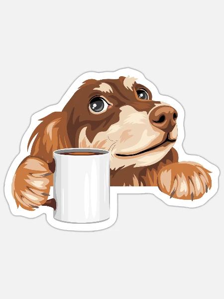 Träumender Dackel, der mit einer Tasse herausschaut - Sticker Größe S (10 x 10 cm) - Mattweiß