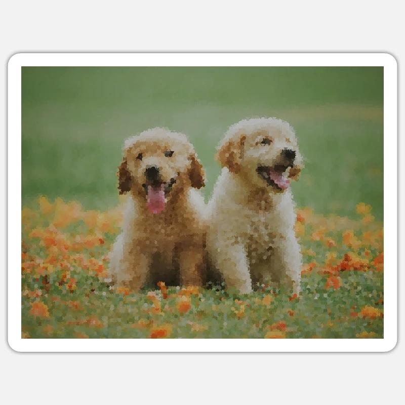 2 chiots Labrador Retriever dans le champ de fleurs Sticker taille S (10 x 10 cm)