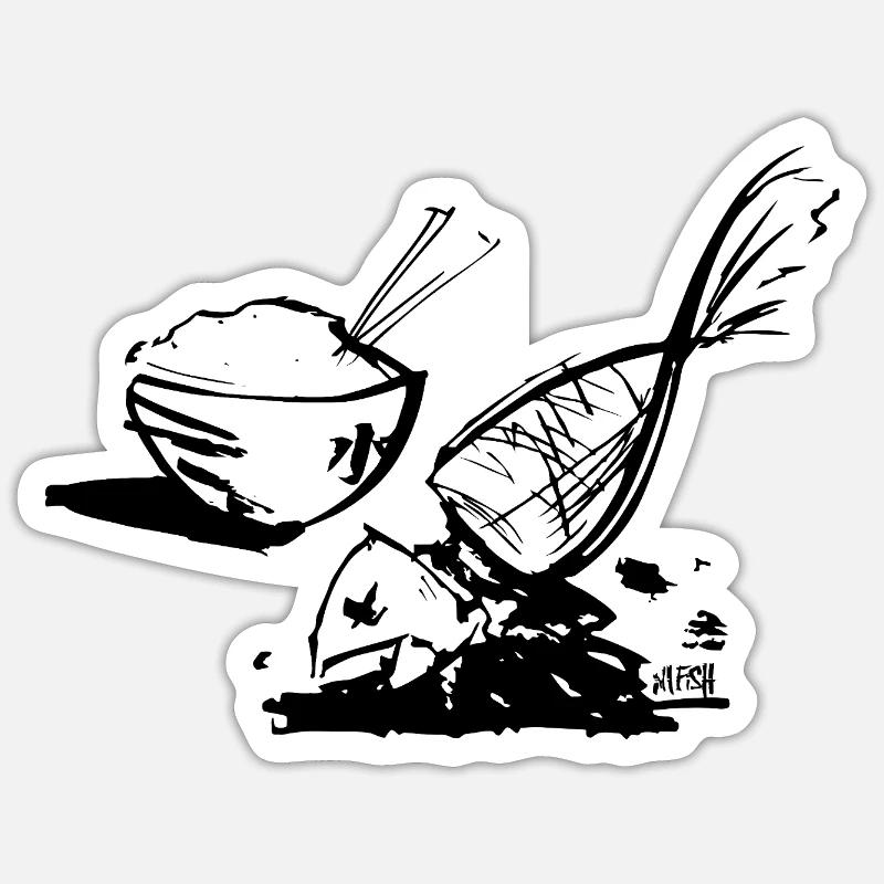 Poisson et riz - Sticker taille S (10 x 10 cm) - blanc mat