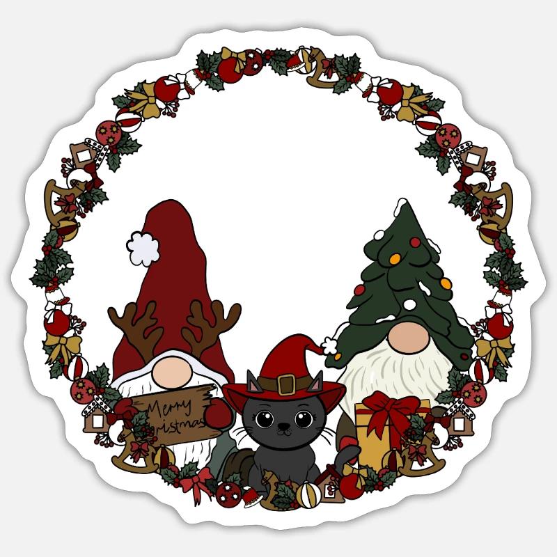 Wichtel mit Katze  im Weihnachtskranz Sticker Größe S (10 x 10 cm)
