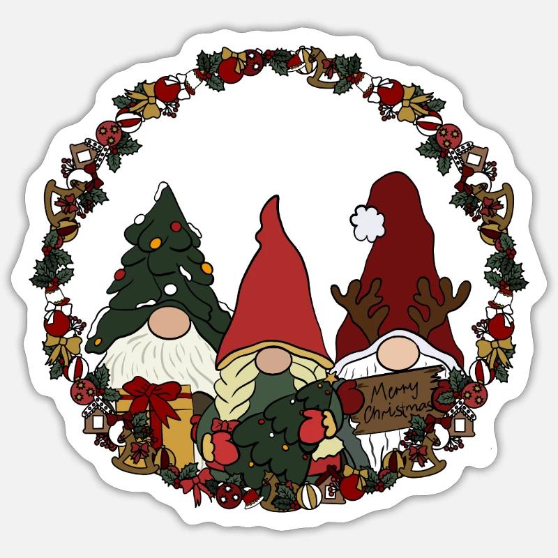 Wichtel  im Weihnachtskranz - Sticker Größe S (10 x 10 cm) - Mattweiß