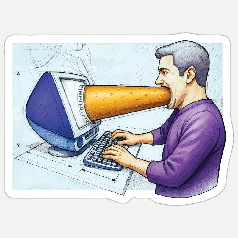 COMPUTER ADDICT MAN - geek & scifi - Sticker taille S (10 x 10 cm) - blanc mat