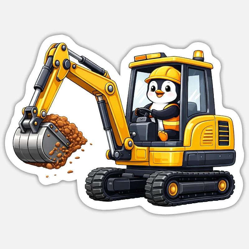 Cute Penguin Excavator Driver Construction Worker Cartoon - Sticker size S (10 x 10 cm) - white matte