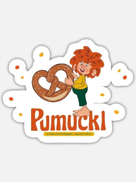 Pumuckl Mit Brezel Und Schriftzug - Sticker Größe S (10 x 10 cm) - Mattweiß