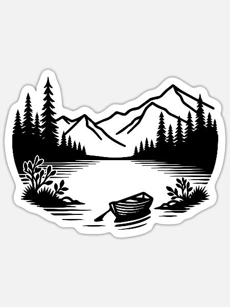 Minimalistischer Bergsee mit Ruderboot - Sticker Größe S (10 x 10 cm) - Mattweiß